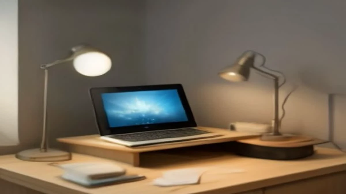 A tidy home office desk with a tablet, headphones and a warm desk lamp